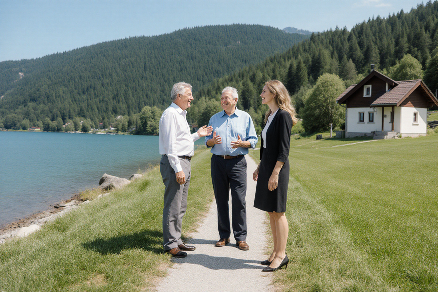 Gemeinsame Besichtigung einer Seeparzelle mit Gebäude und Grasfläche